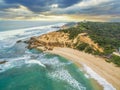 Aerial view of Sorrento Ocean Beach coastline and Coppins Lookout gazebo at sunrise. Mornington Peninsula, Melbourne, Australia.