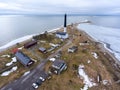 Aerial view at Sorve Lighthouse in Baltic sea at spring season. Panorama. Peninsula in Torgu Parish, island of Saaremaa, Estonia,