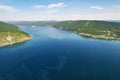 Aerial view of the source of the Angara River, the village of Listvyanka. Lake Baikal in summer