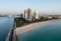 Aerial view of South Beach and South Pointe in Miami Beach, Florida at sunrise.
