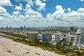 Aerial view of South Beach sandy surface with tourists relaxing on hot Florida sun. Miami Beach city with high luxury Royalty Free Stock Photo