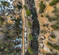 Aerial view of South Platte River flowing in a rural area next to a road in Colorado Royalty Free Stock Photo