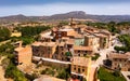 Aerial view of Spanish town of Figuerola dOrcau against mountain range on horizon Royalty Free Stock Photo