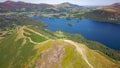 Aerial view of the spectacular Catbells ridge overlooking Derwentwater in the English Lake District National Park