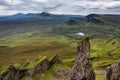 Aerial view of spectacular jagged rock formations at a remote, highlands location Quiraing, Isle of Skye Royalty Free Stock Photo