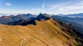 Aerial view of spectacular mountain ridge in autumn colors. Royalty Free Stock Photo