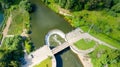 Aerial view of the spillway dam of the first rural hydroelectric power station in the USSR in the village of Yaropolets