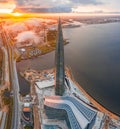 Aerial view of the spire of a skyscraper Lakhta Center and a panorama coast of the Gulf of Finland and the islands of the city,