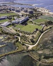 Aerial view of a sport complex with football field in Seixal township along Tagus river, Setubal, Portugal
