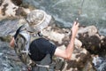 Aerial view of sport Fisher fishing in the river.