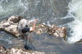 Aerial view of sport Fisher fishing in the river.