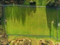 Aerial view on a sport training field for Irish sports with goal posts for football soccer, rugby, hurling and Camogie Royalty Free Stock Photo