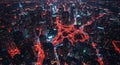Aerial view of a sprawling cityscape at night showcasing a complex network of