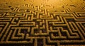 Vast aerial view of a large corn maze with many people navigating the paths under a golden sunset light Royalty Free Stock Photo