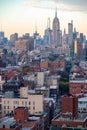 Aerial view of sprawling golden hour NYC urban landscape Royalty Free Stock Photo