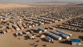 Aerial view of a sprawling refugee camp with tents and makeshift structures in a desert Royalty Free Stock Photo