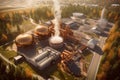aerial view of a sprawling whisky distillery complex