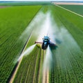 Aerial View of Spring soybean field being sprayed with pesticides by agricultural innovation