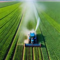 Aerial View of Spring soybean field being sprayed with pesticides by agricultural innovation