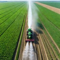 Aerial View of Spring soybean field being sprayed with pesticides by agricultural innovation