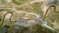 Aerial view in springtime with a trail and spiraling river