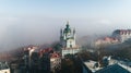 Aerial view of St. Andrew`s Church in heavy fog, Kiev, Ukraine
