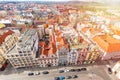 Aerial view from St Bartholomews cathedral over Republic Square. Pilsen or Plzen, in Bohemian region Czech Republic