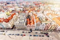 Aerial view from St Bartholomews cathedral over Republic Square. Pilsen or Plzen, in Bohemian region Czech Republic