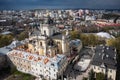 Aerial view on St. George`s Cathedral in Lviv, Ukraine from drone. Consecration of Easter food, cakes, eggs