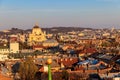 Aerial view of St. George`s Cathedral and old town of Lviv in Ukraine. Lvov cityscape