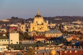 Aerial view of St. George`s Cathedral and old town of Lviv in Ukraine. Lvov cityscape.