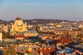 Aerial view of St. George`s Cathedral and old town of Lviv in Ukraine. Lvov cityscape Royalty Free Stock Photo