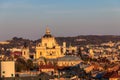 Aerial view of St. George`s Cathedral and old town of Lviv in Ukraine. Lvov cityscape Royalty Free Stock Photo