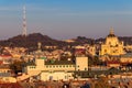 Aerial view of St. George`s Cathedral and old town of Lviv in Ukraine. Lvov cityscape. View from bell tower of Church of Sts. Olh