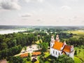 Aerial view St. Jacob the apostle church in Kurtuvenai town, with Lithuania countryside panorama