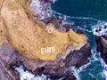 Aerial view of St. John`s Point and the Eire 10 marking next to the lighthouse, County Donegal, Ireland