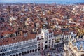 Aerial view of St. Mark\'s Square in Venice, Italy, with the Clock Tower or the Two Moors\' Tower in the center