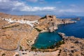 Aerial view on St. Paul\'s bay in Lindos, Rhodes island, Greece. Panoramic shot overlooking St Pauls Bay at Lindos Royalty Free Stock Photo