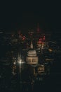 Aerial view of St Paul's Cathedral illuminated at night in London, England, UK