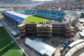 Aerial view of stadium construction process with wooden formwork modulation Royalty Free Stock Photo