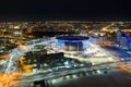 Aerial view of stadium with night illumination and residential buildings in the center of Yekaterinburg. Royalty Free Stock Photo