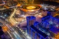 Aerial view of stadium with night illumination and residential buildings in the center of Yekaterinburg. Russia Royalty Free Stock Photo