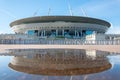 Aerial view of the stadium Zenit Arena, with reflection in a puddle of water on asphalt. Russia, Saint-Petersburg, 11 October 2018 Royalty Free Stock Photo