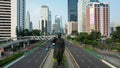 Aerial View of The statue of General Sudirman Patung Jenderal Sudirman on Sudirman road. JAKARTA - Indonesia. May 16, 2021