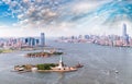 Aerial view of Statue of Liberty - Manhattan and Jersey City Royalty Free Stock Photo