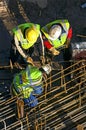 Aerial view of steel workers at work