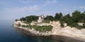 Aerial view of Stevns cliff and Hoejerup Old Church, Denmark