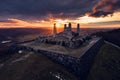 Aerial view of a stone monument, memorial on a hill during sunset. The Barrow of Milan Rastislav Stefanik in Slovakia.