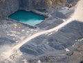 Aerial view : Stone quarry with a turquoise pond Royalty Free Stock Photo