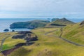 Aerial view of Storhofdi peninsula of Heimaey island in Iceland